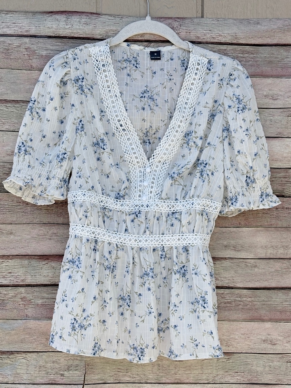 Y2K Babydoll V-Neck Women's M Blue  Floral Lace Peplum Boho Romantic Cottagecore - Picture 12 of 12
